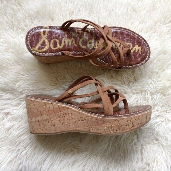 SAM EDELMAN wedge womens brown strappy reana cork wedge sandals 7.5 - Picture 4 of 6